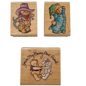 Teddy Bear Wood Mounted Rubber Stamp Lot Cowboy Sleepy Friend Scrapbooking
